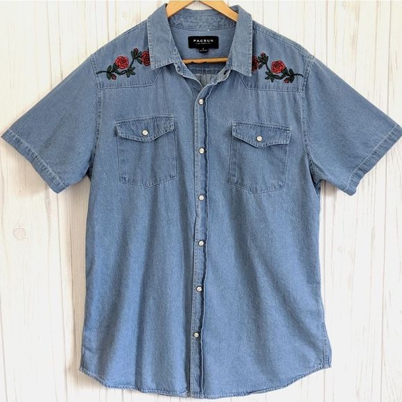 Pacsun Los Angeles Denim Shirt Rose Embroidery - Picture 2 of 7